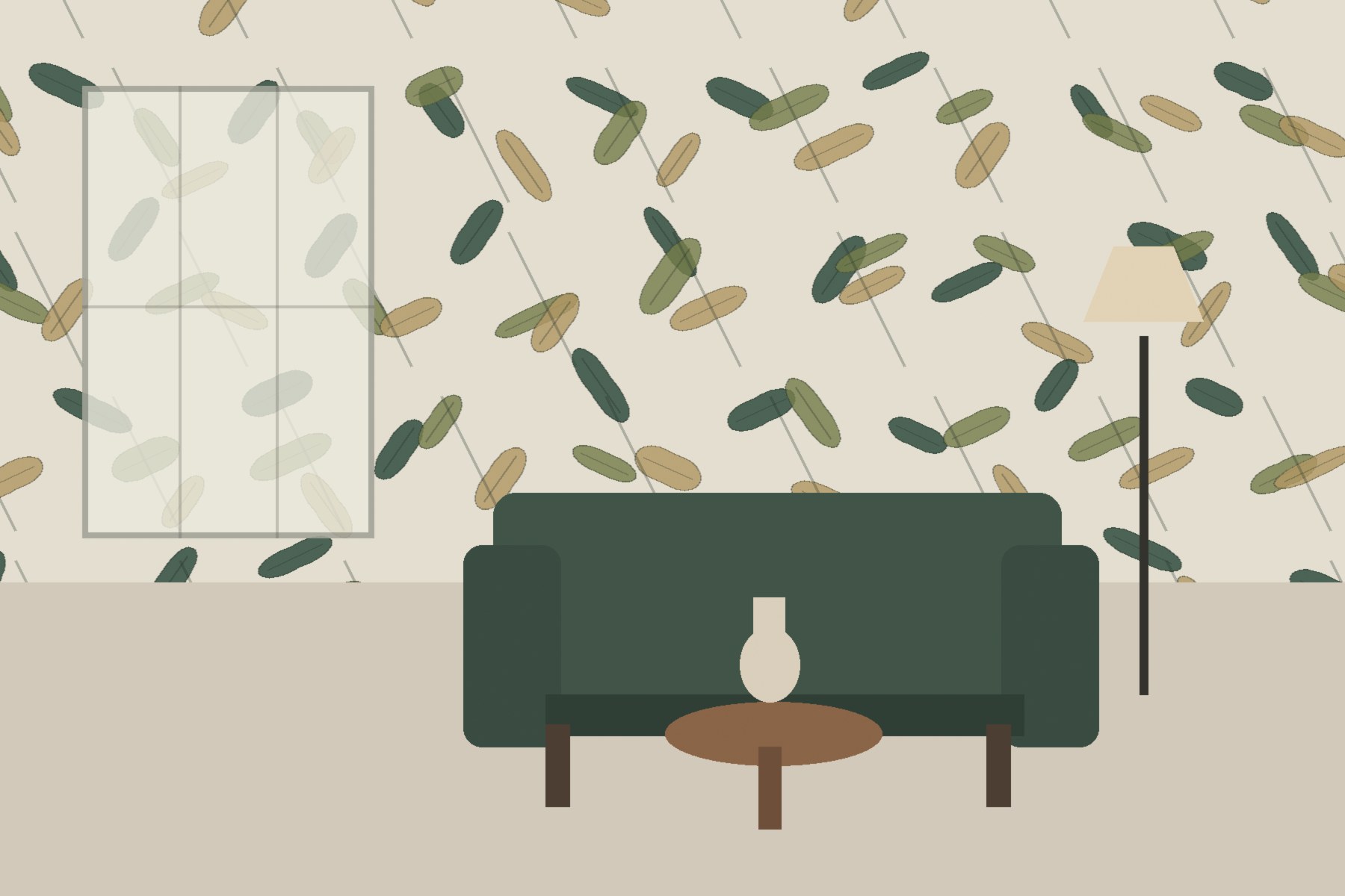 Interior with green seating and botanical wallpaper