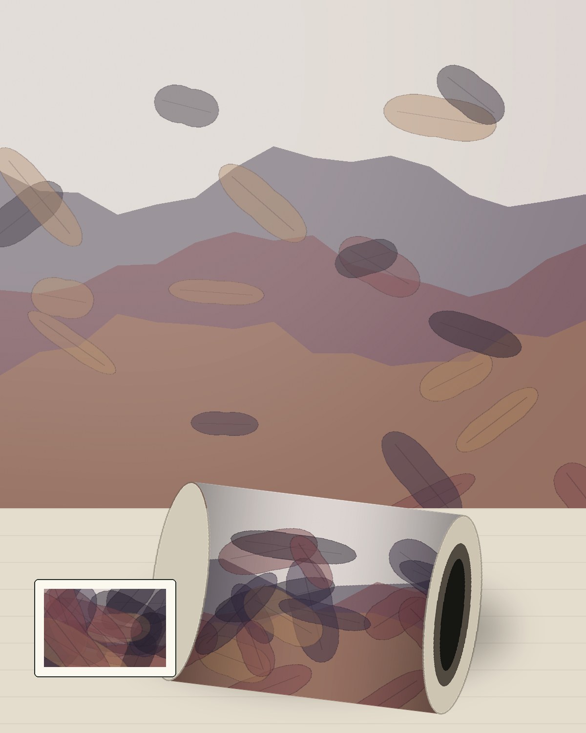 Atmospheric garden mural in plum, clay and muted stone