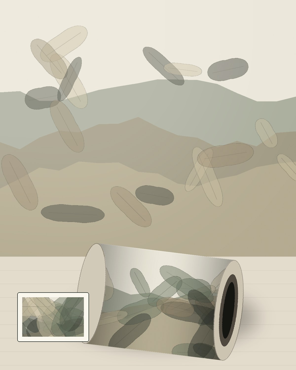 Soft architectural grove mural in limestone and sage tones
