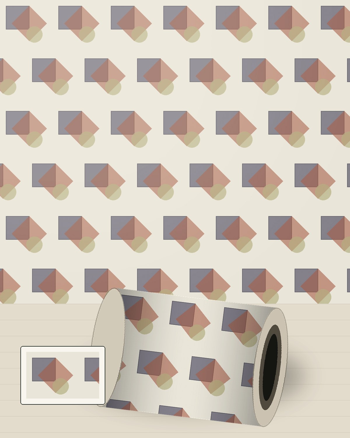 Offset geometric wallpaper in plum, clay and warm neutral